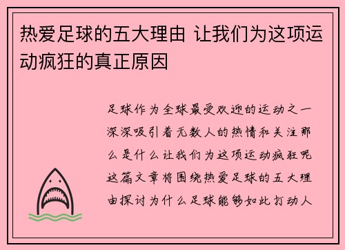 热爱足球的五大理由 让我们为这项运动疯狂的真正原因