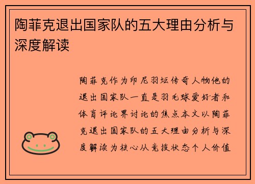 陶菲克退出国家队的五大理由分析与深度解读