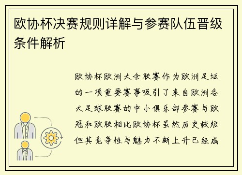 欧协杯决赛规则详解与参赛队伍晋级条件解析